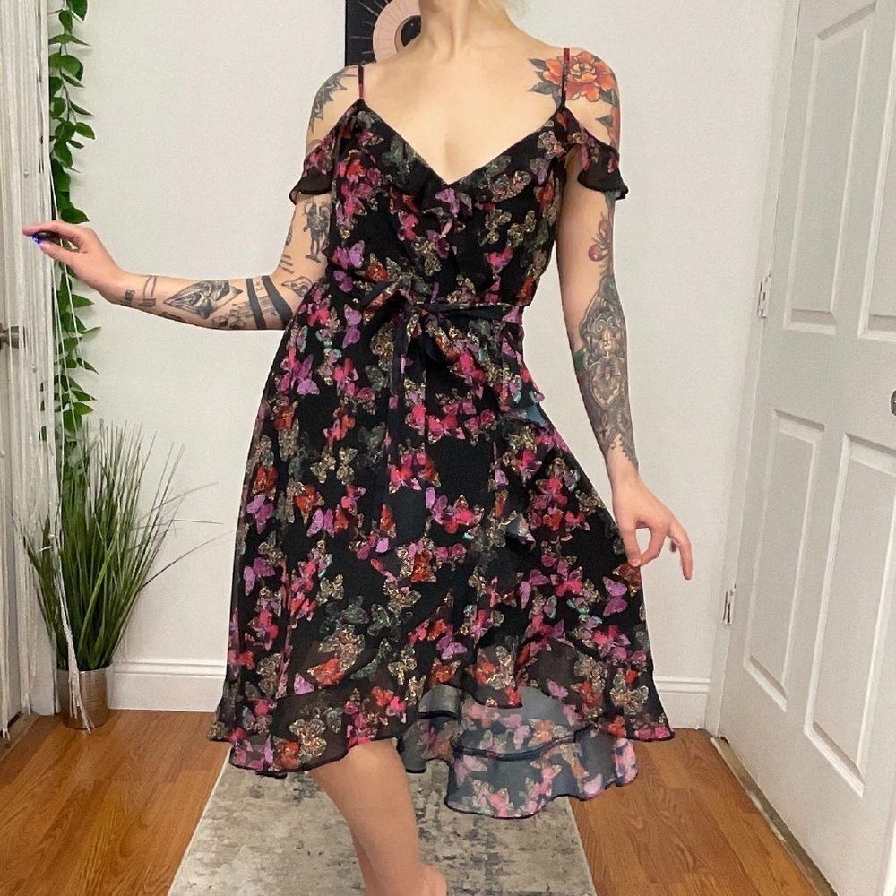 Y2K Betsey Johnson Sleeveless Floral Designer Midi Dress Size 2 Black/Purple